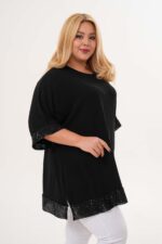 Sweterkowa tunika z cekinowymi detalami na rękawach i dole - obrazek 6